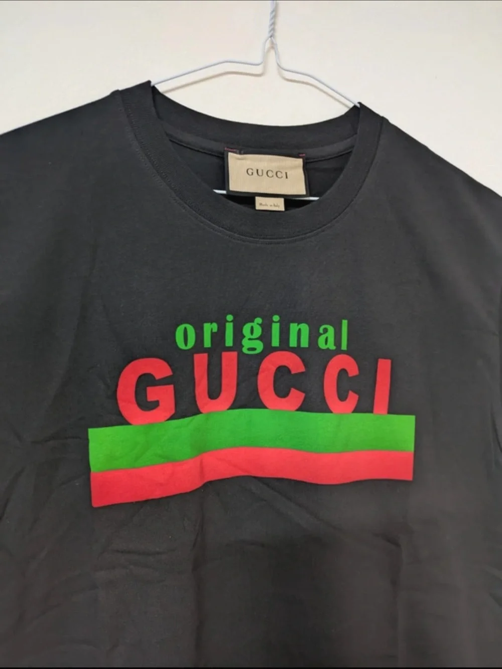 Gucci Black Tee with Red Logo and Green Stripe